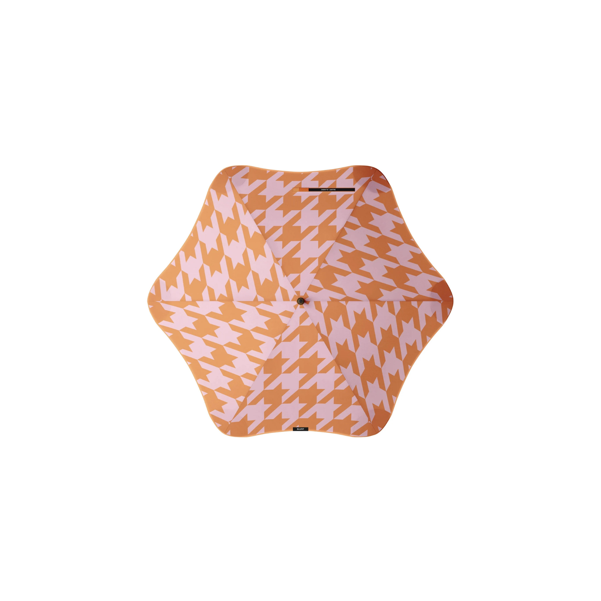 Hexagonal umbrella cover with orange and pink houndstooth pattern on a white background