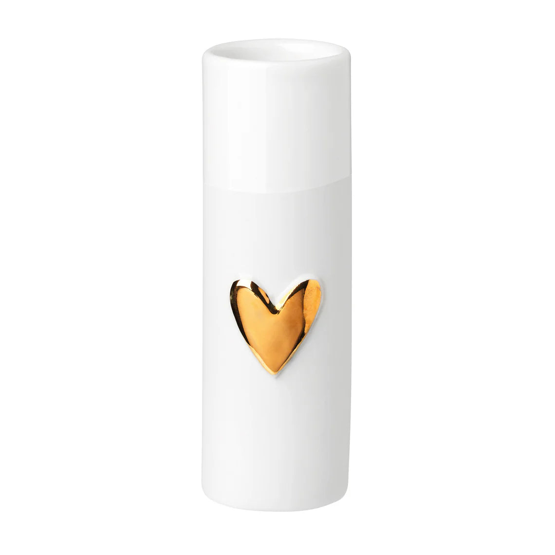White vase with a gold heart-shaped design on a white background