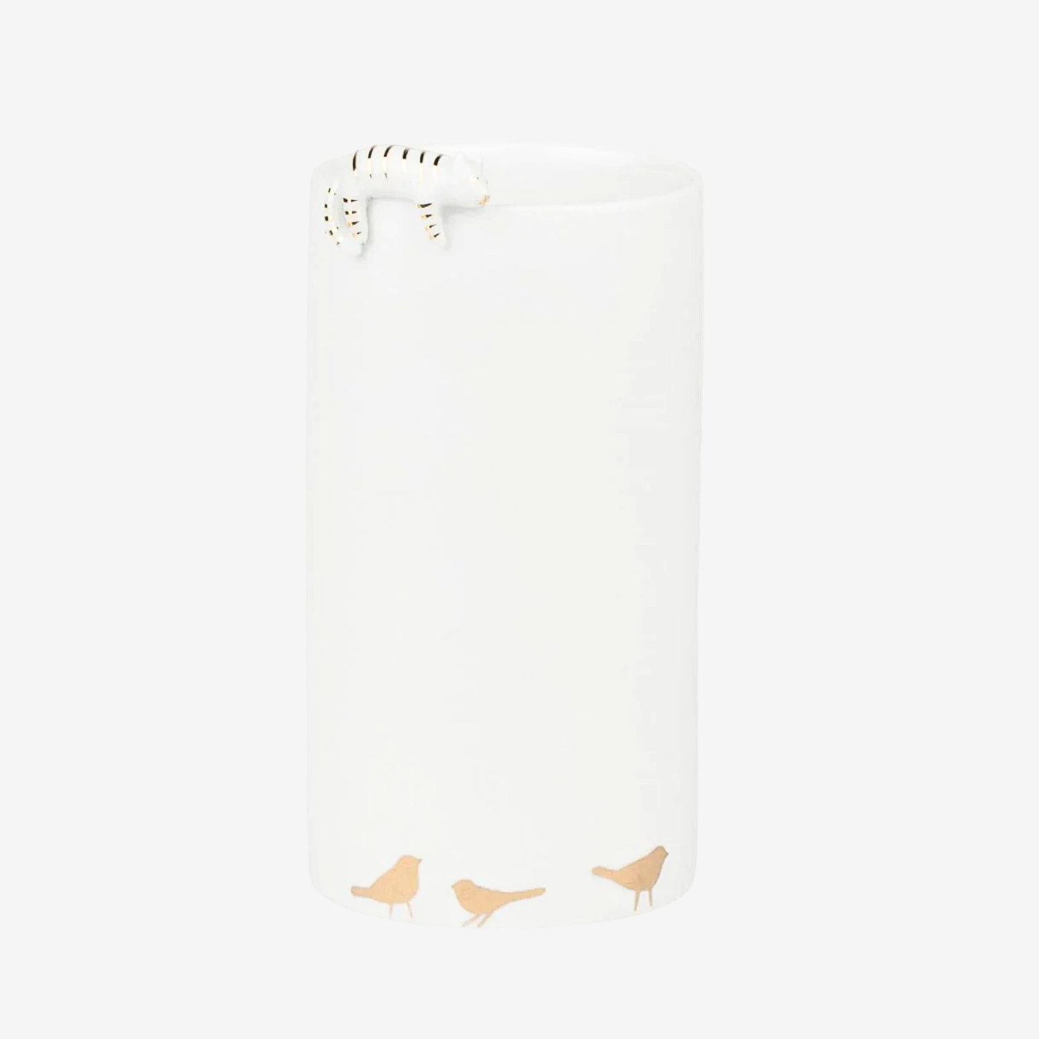 Decorative vase with a cat and three birds on a white background