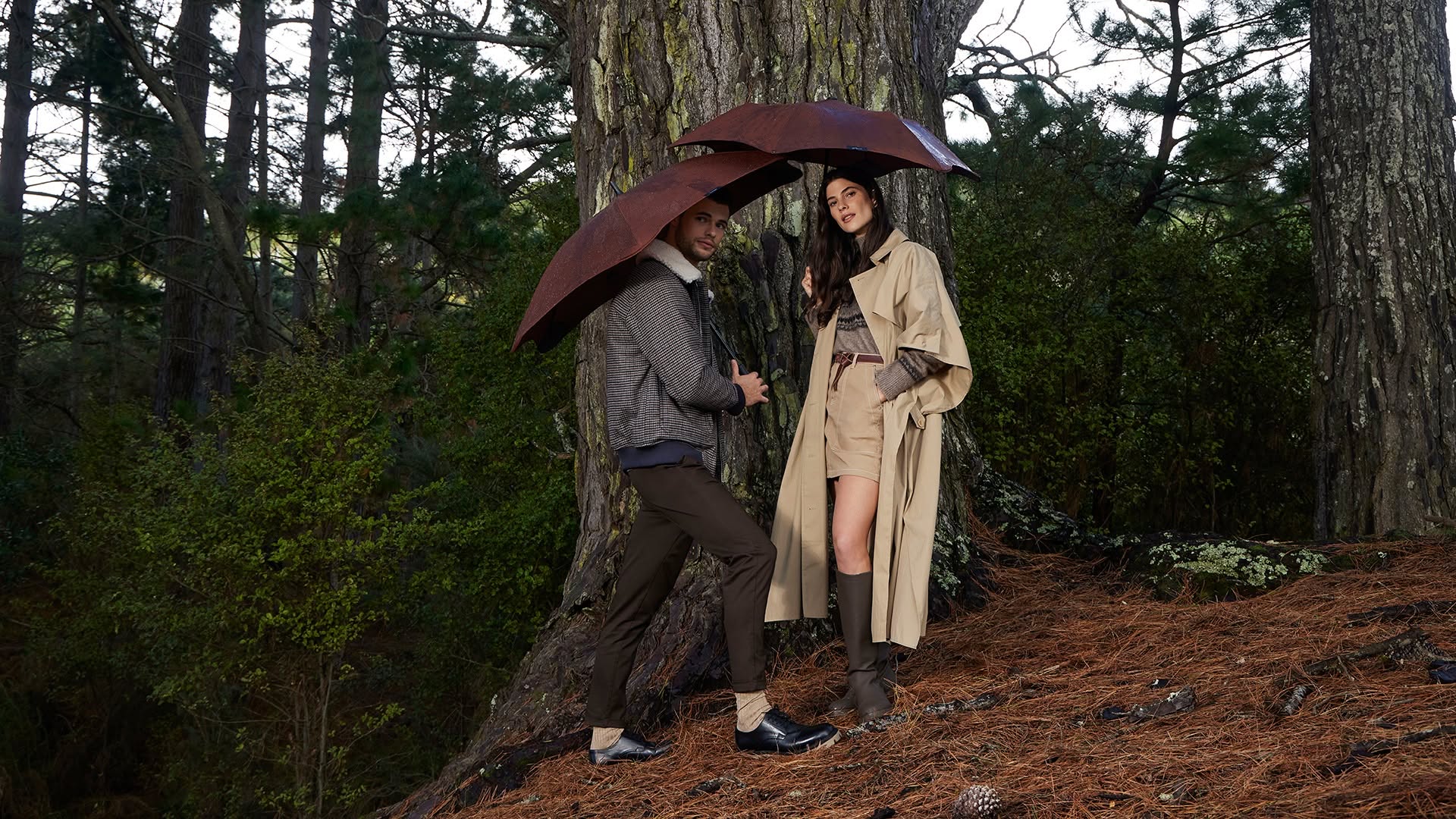 Two people in the bush holding brown umbrellas