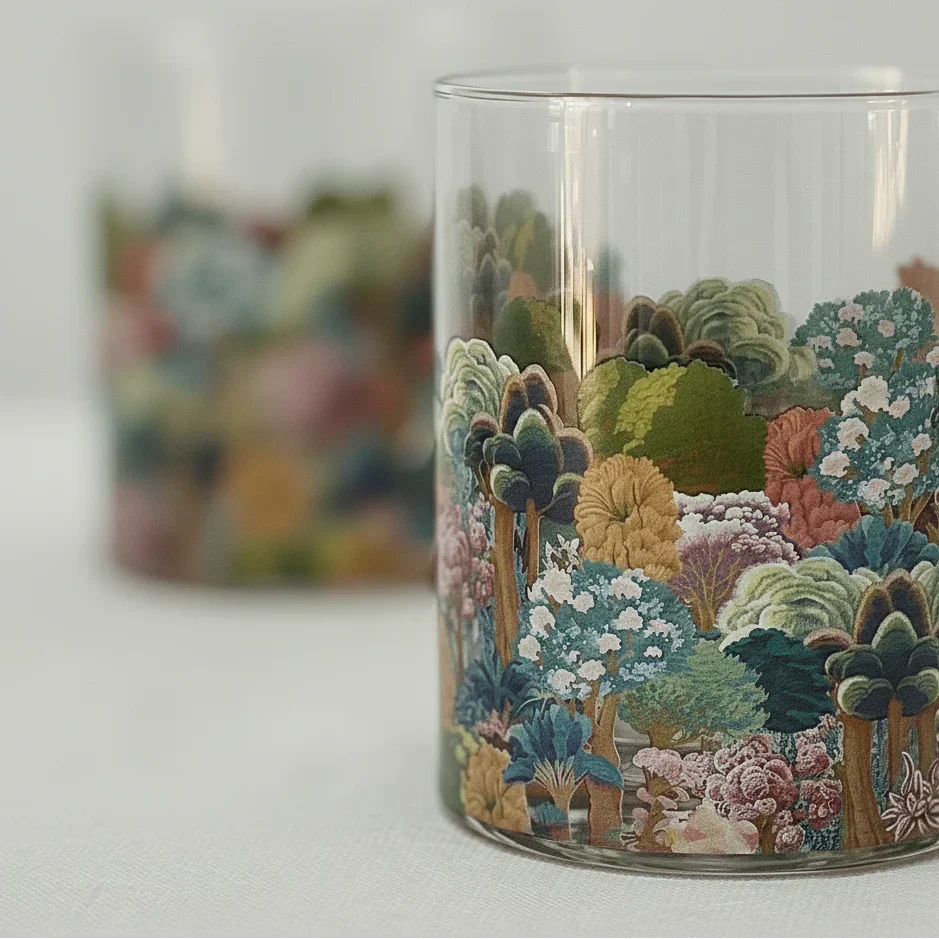 Two drinking glasses printed with a floral pattern
