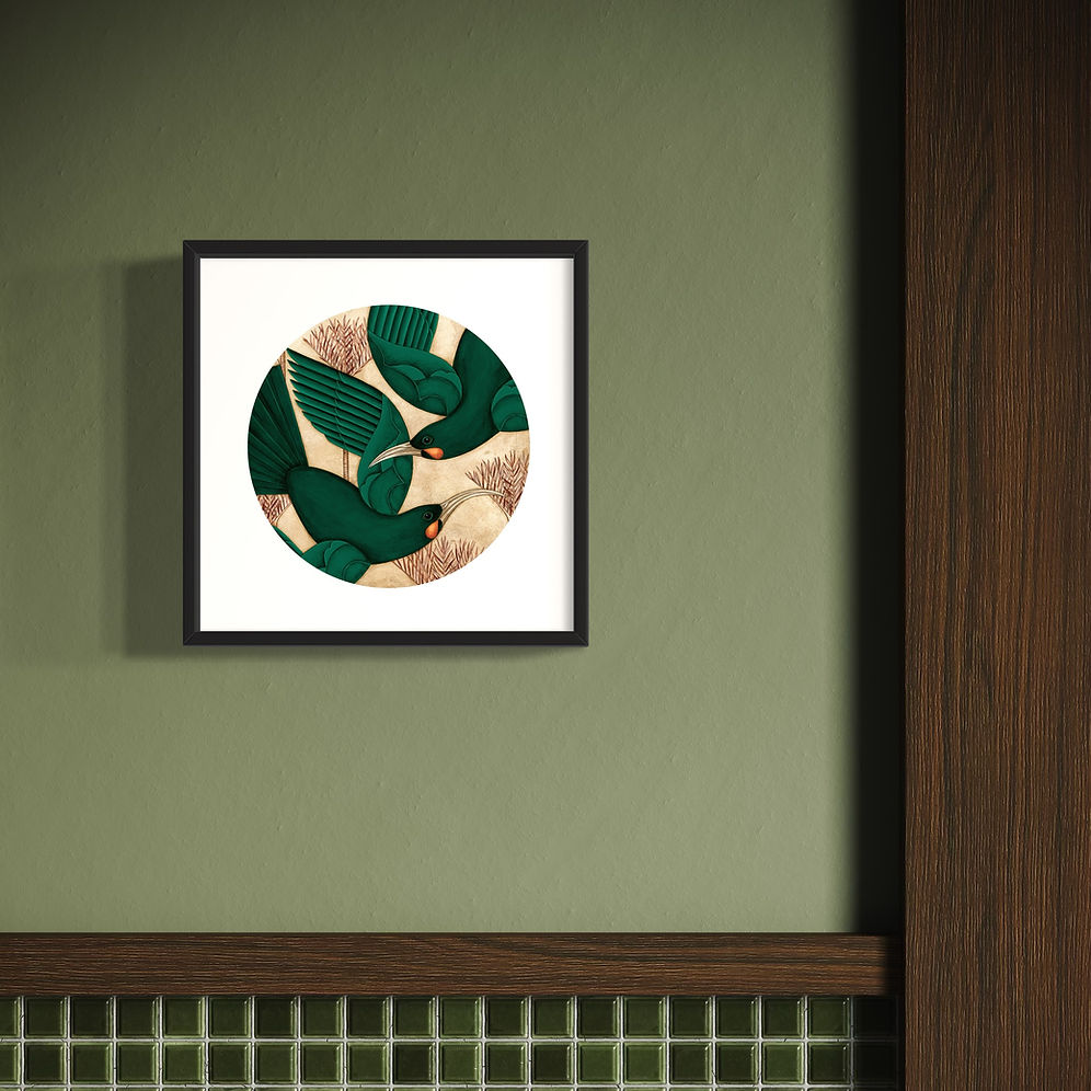 Art print of birds in a circle matte board and black frame on a green wall
