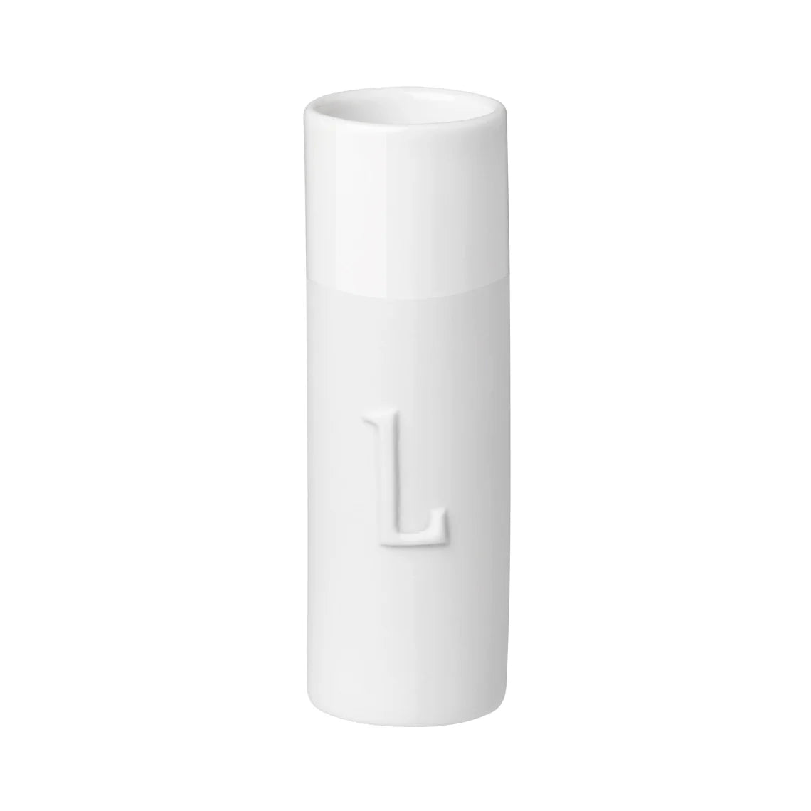 White cylindrical vase with a letter 'L' on a white background
