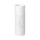 White cylindrical vase with a letter 'L' on a white background